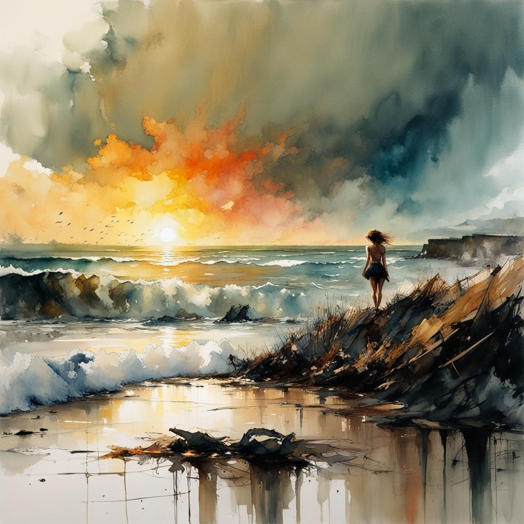 Ocean Beach Sunset as Watercolor Painting