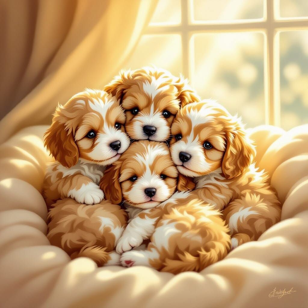 Adorable Cavapoo Puppy Family Huddled Together