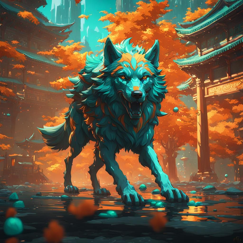 Hyperdetailed Wolf Concept Art in Orange and Teal