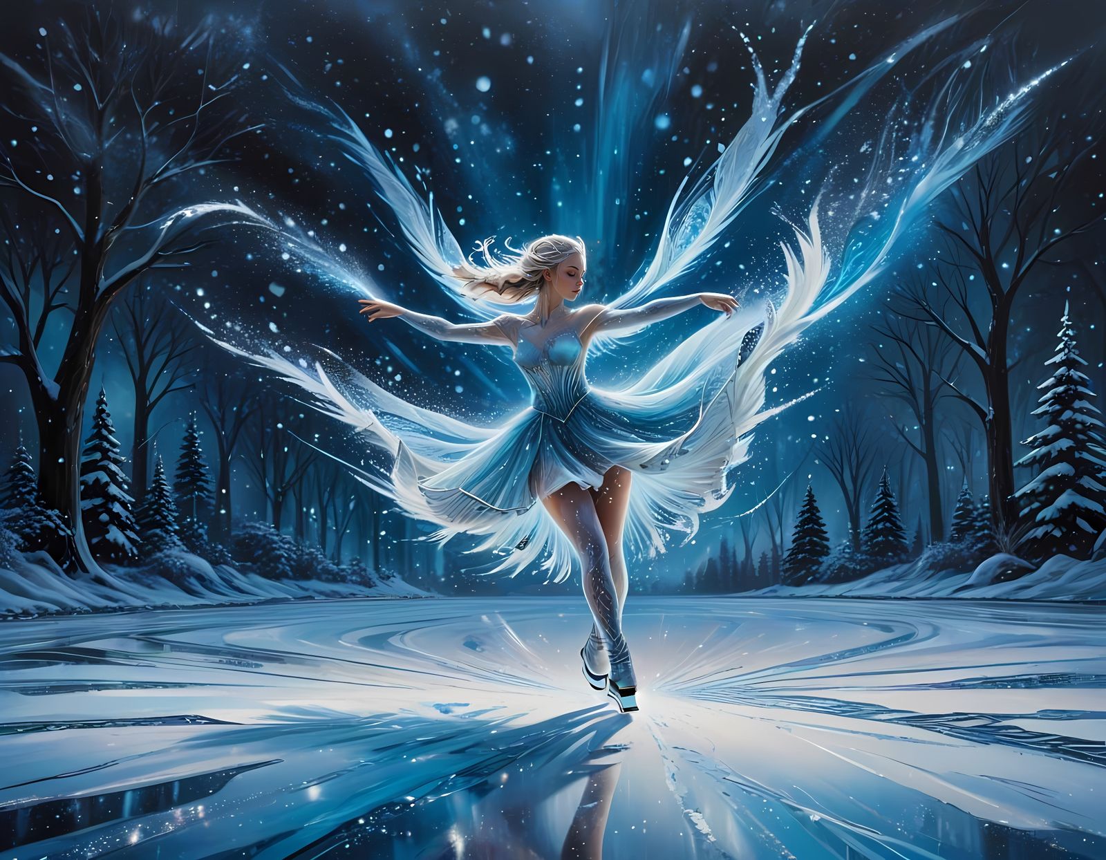 Cosmic Winter Queen Skates Under Starry Lights