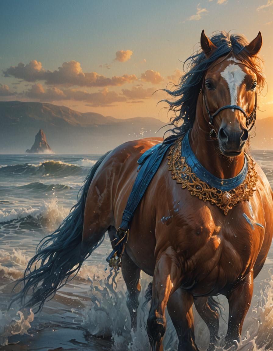 Horse Running on Translucent Shoreline: Dreamlike Oil Painti...