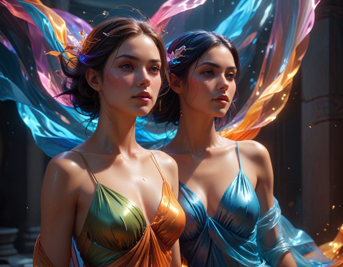 Ethereal Figures in Dreamlike Setting: Classic Beauty