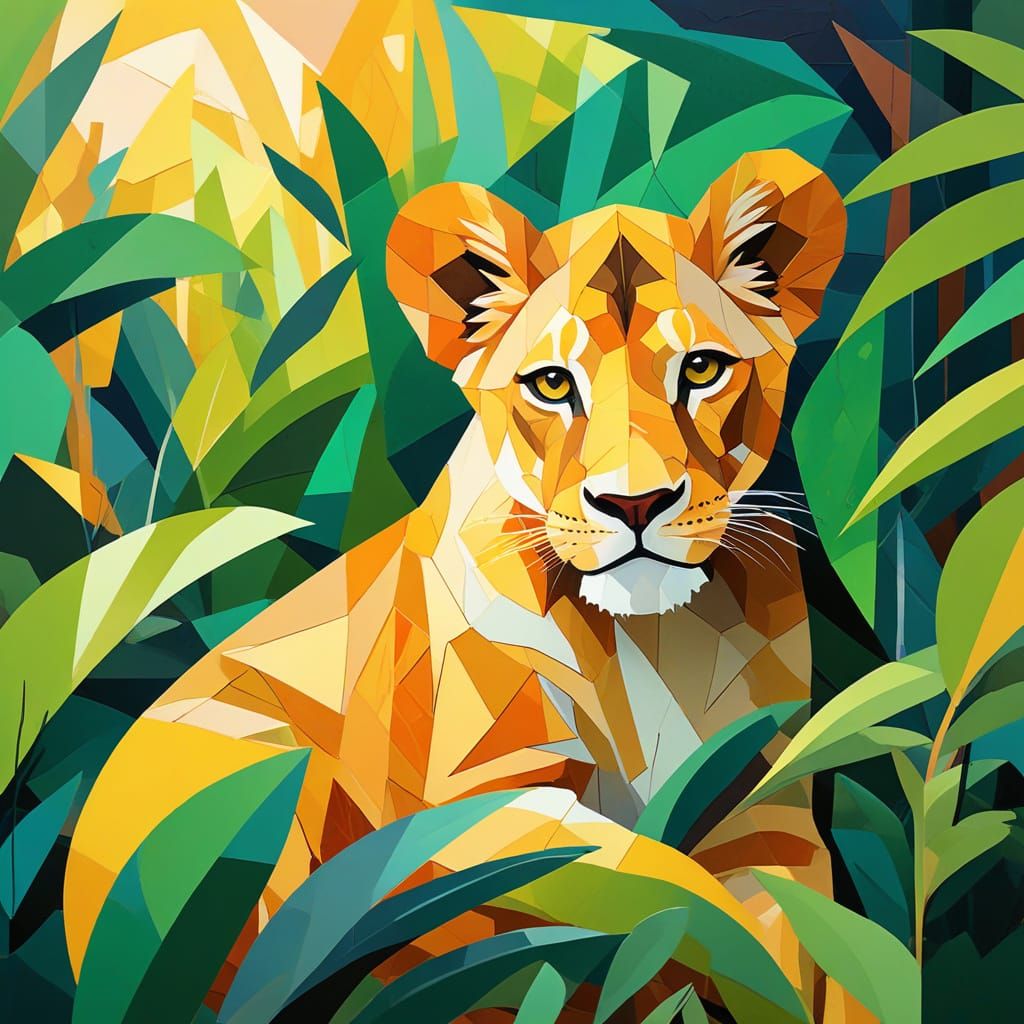 Lion Cub in Jungle at Dawn: Abstract Cubism