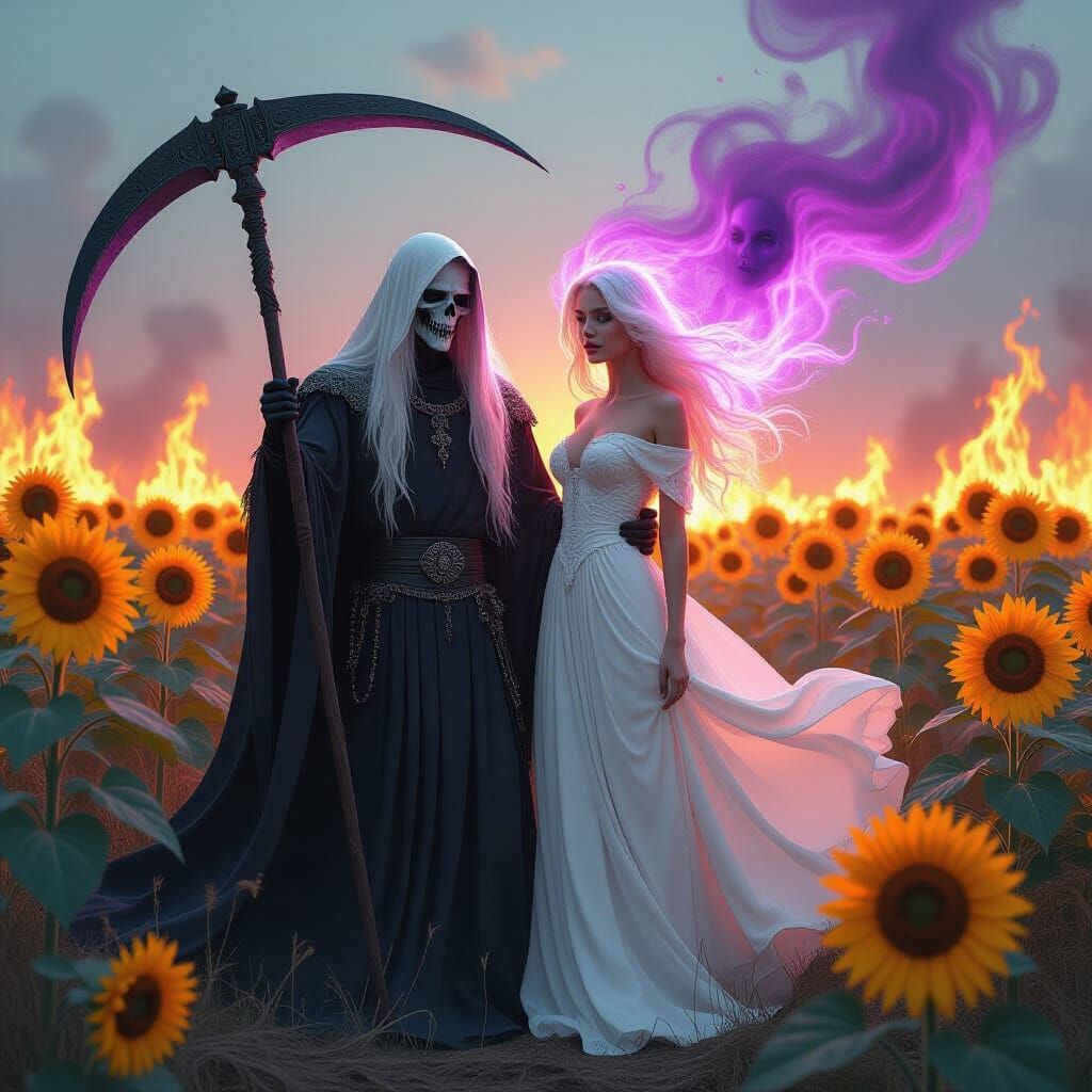 Reaper of Souls Amidst Burning Sunflowers