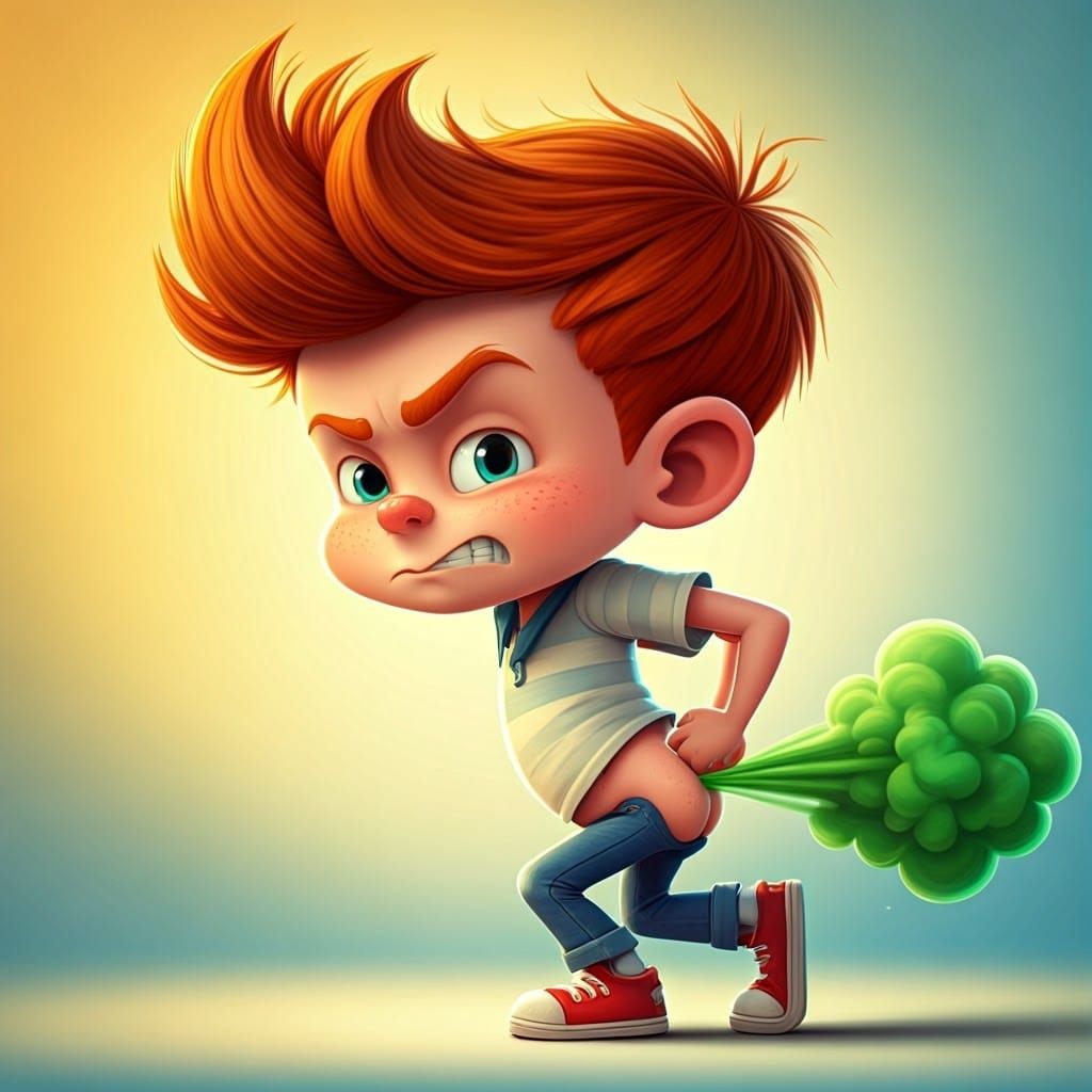 Mischievous Boy with Green Cloud, 3D Cartoon