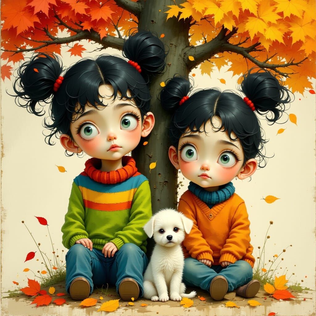 Children and Puppy Under Multicolor Tree