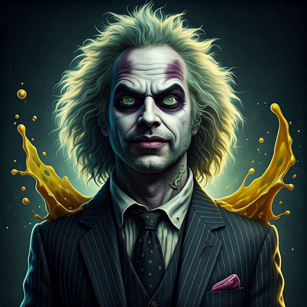 Beetlejuice as Spongebob in Hyperrealistic Horror Art