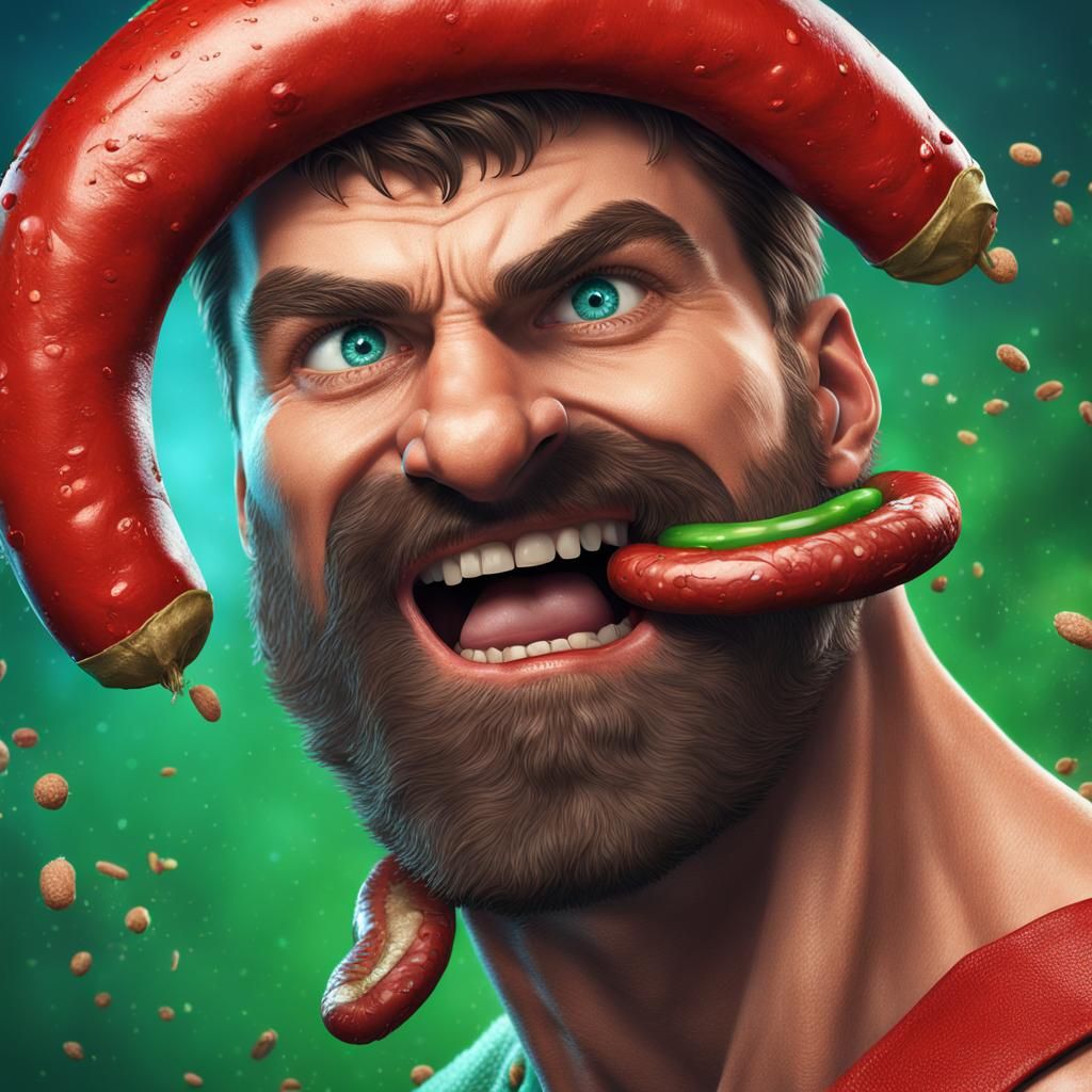 Funny Muscular Man with Sausage: Detailed Matte Painting