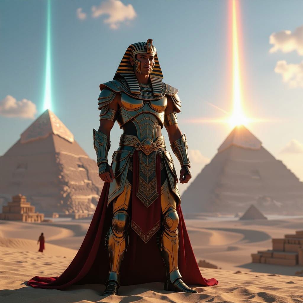 Egyptian Future Warrior With Pyramid Light Beams