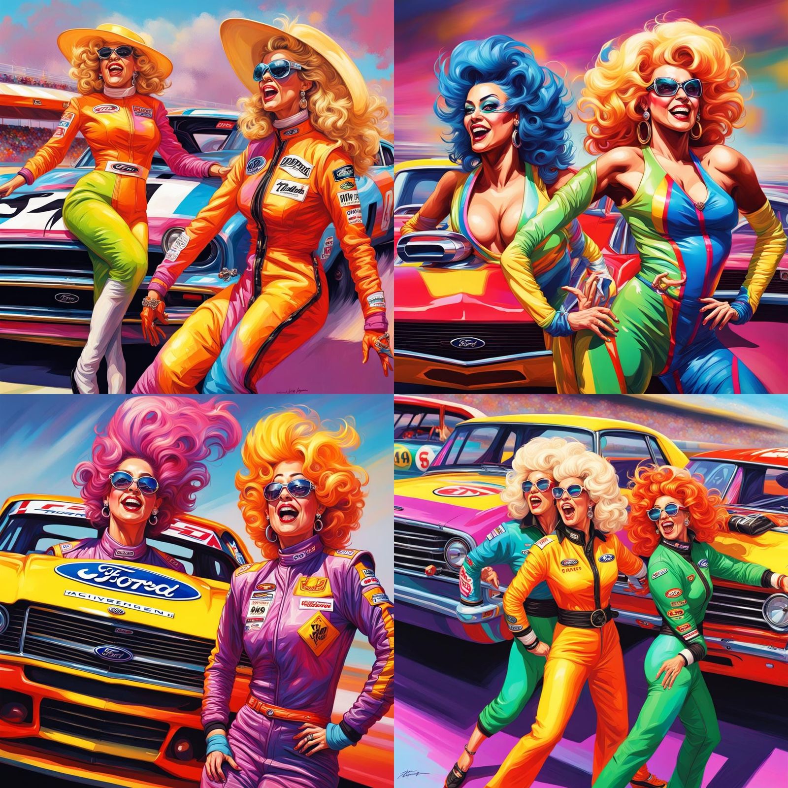 Drag Queens Race Cars at Daytona: Hyperrealistic Splash Art
