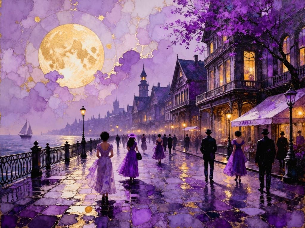 Victorian Seaport in Violet and Gold Oil Painting