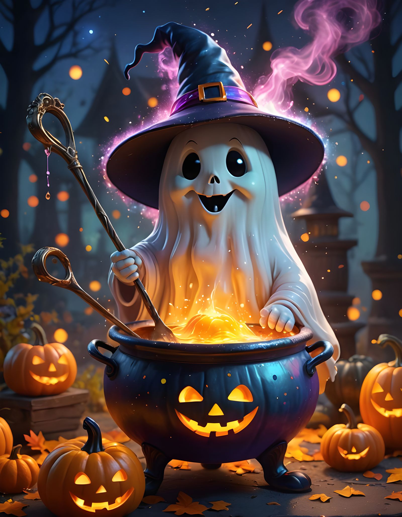 Magical Halloween Scene with Ghost and Cauldron