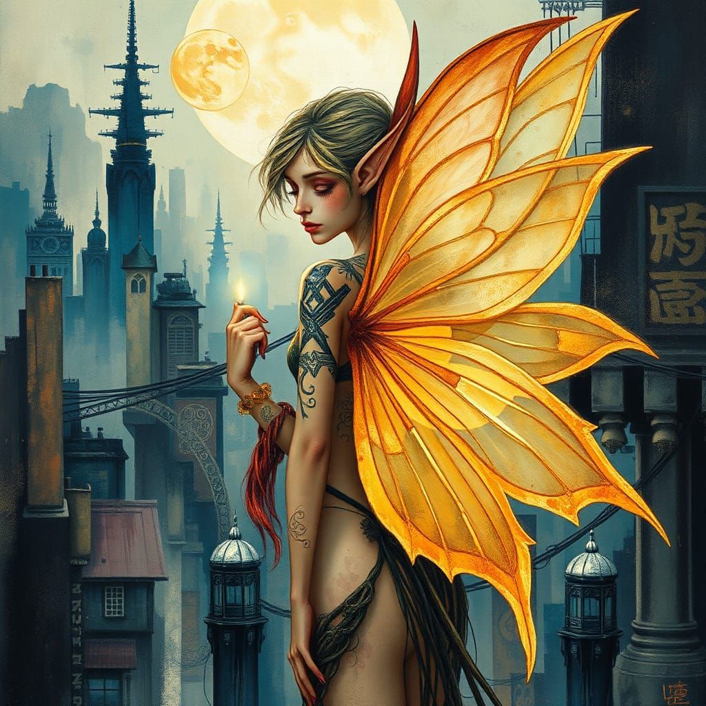 Gold Tattooed Fairy Elf in Surreal Dystopian Cityscape