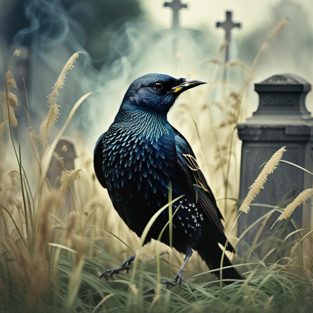 Starling in Overgrown Cemetery, Vintage Macro Photo