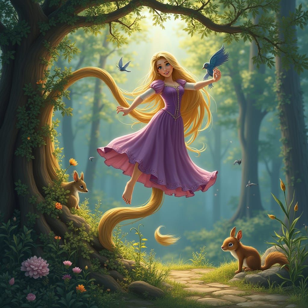 Rapunzel Lets Down Her Hair From Tower