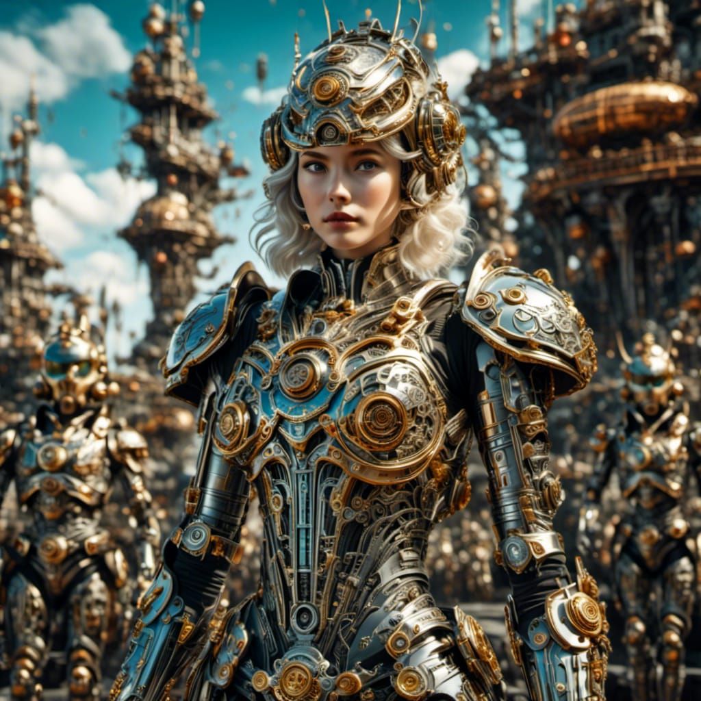 Girl in Robotic Armor on Battlefield in Cyberpunk Style