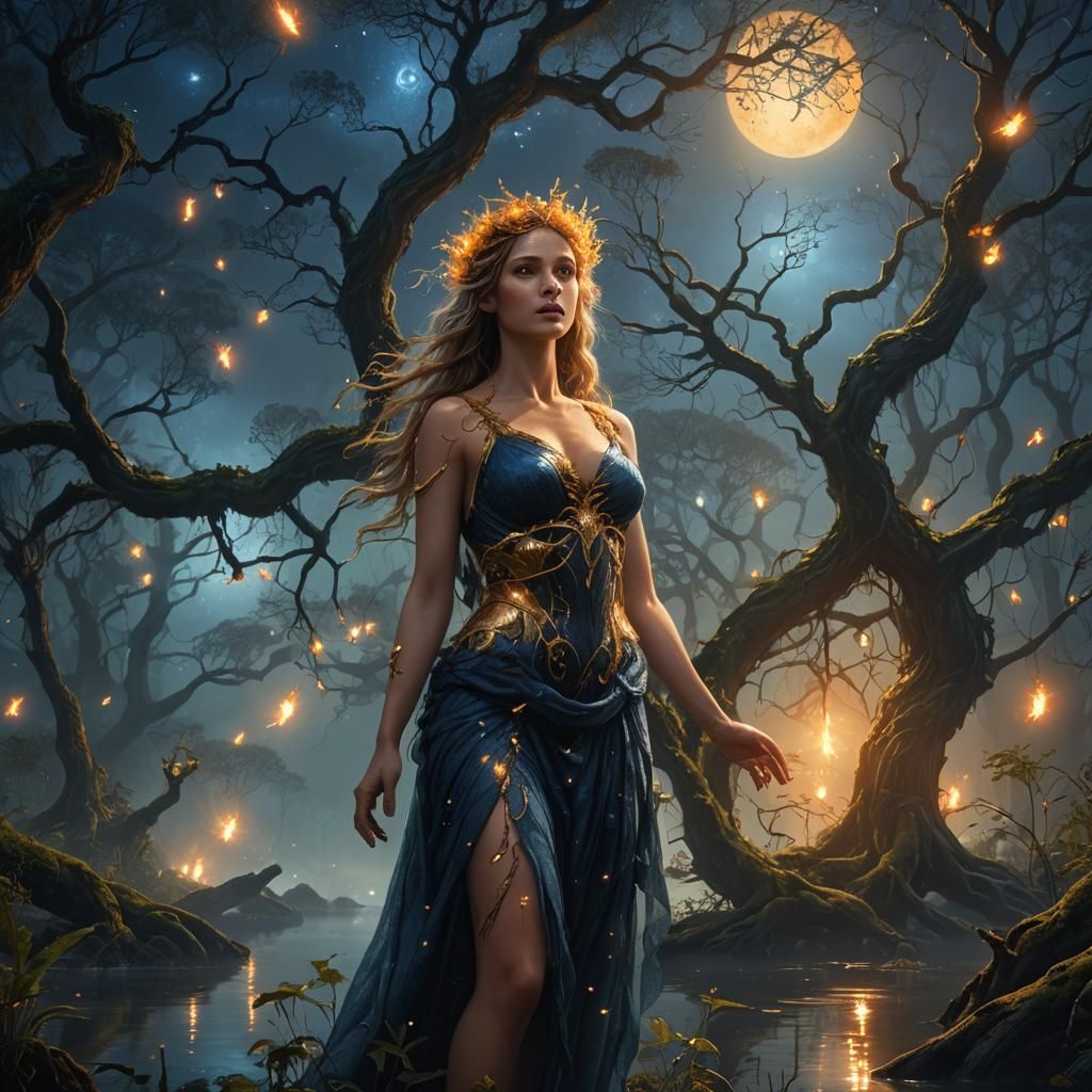 Aphrodite in Misty Swamp Forest: Fantasy Concept Art