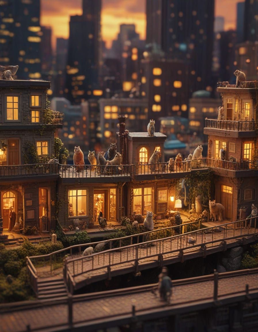 Futuristic Cat City Diorama in Wes Anderson Style