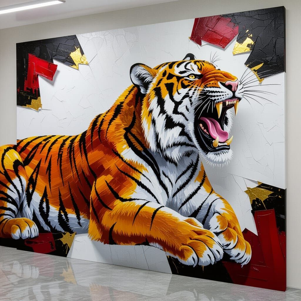 Roaring Tiger Emerges from Impasto Oil Painting