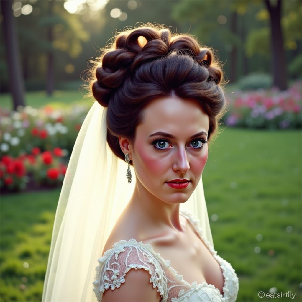 Bride with Bouffant Hairstyle in White Lace Gown