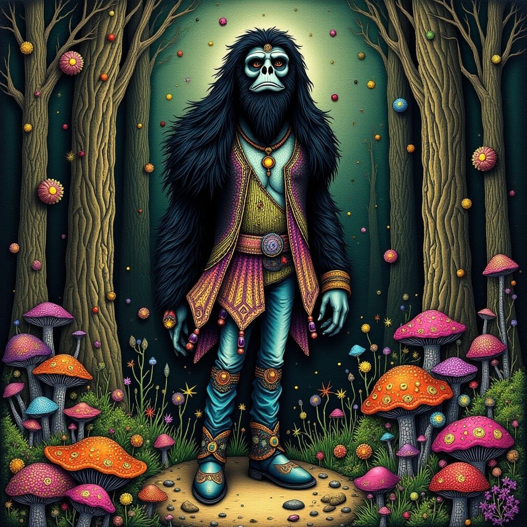 Bigfoot in a Vibrant Forest Scene, Inspired by Roger Dean