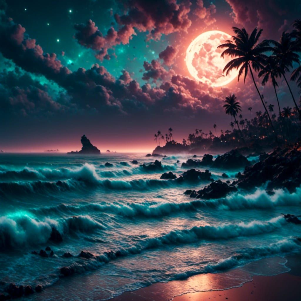 Mystical Ocean at Night with Iridescent Moon