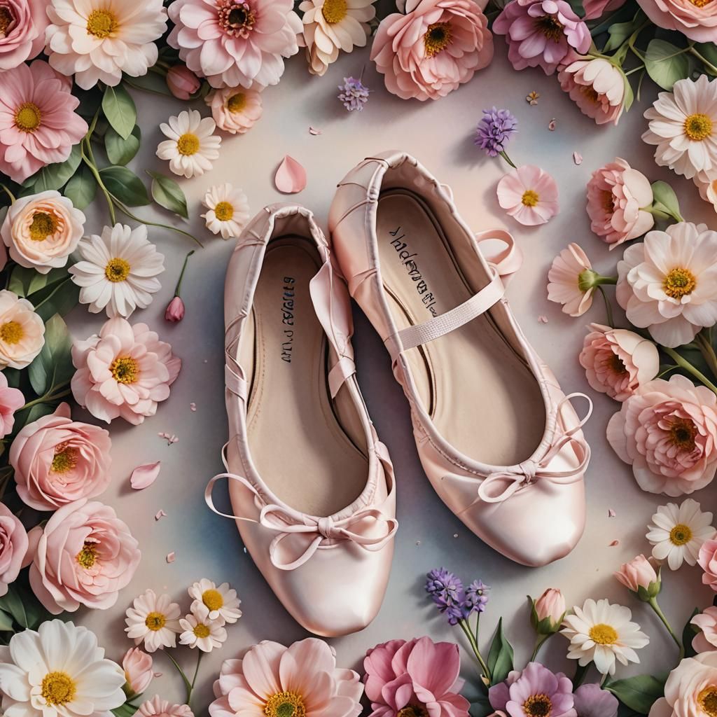 Pink Ballet Shoes Surrounded by Colorful Flowers