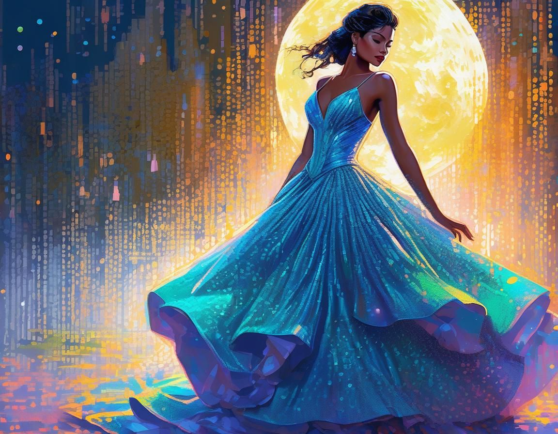 Gala Gown Lady in Moonlit Cyberpunk Painting