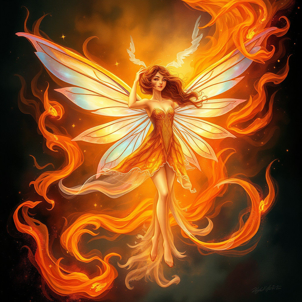 Fiery Fairy with Iridescent Wings in Ethereal Landscape