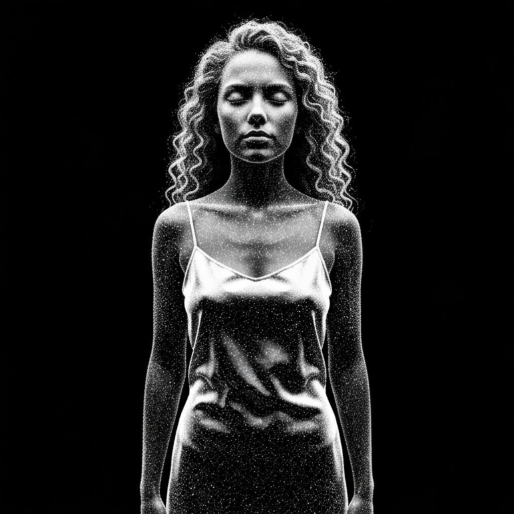 Ethereal Woman Formed from Light in Pointillism Style