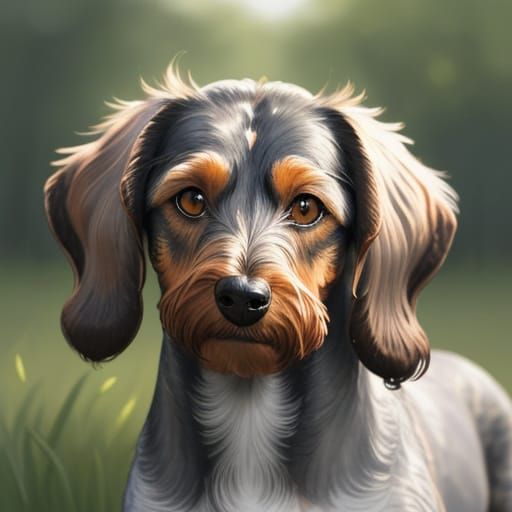 Watercolor Wirehaired Dachshund in Sunny Field