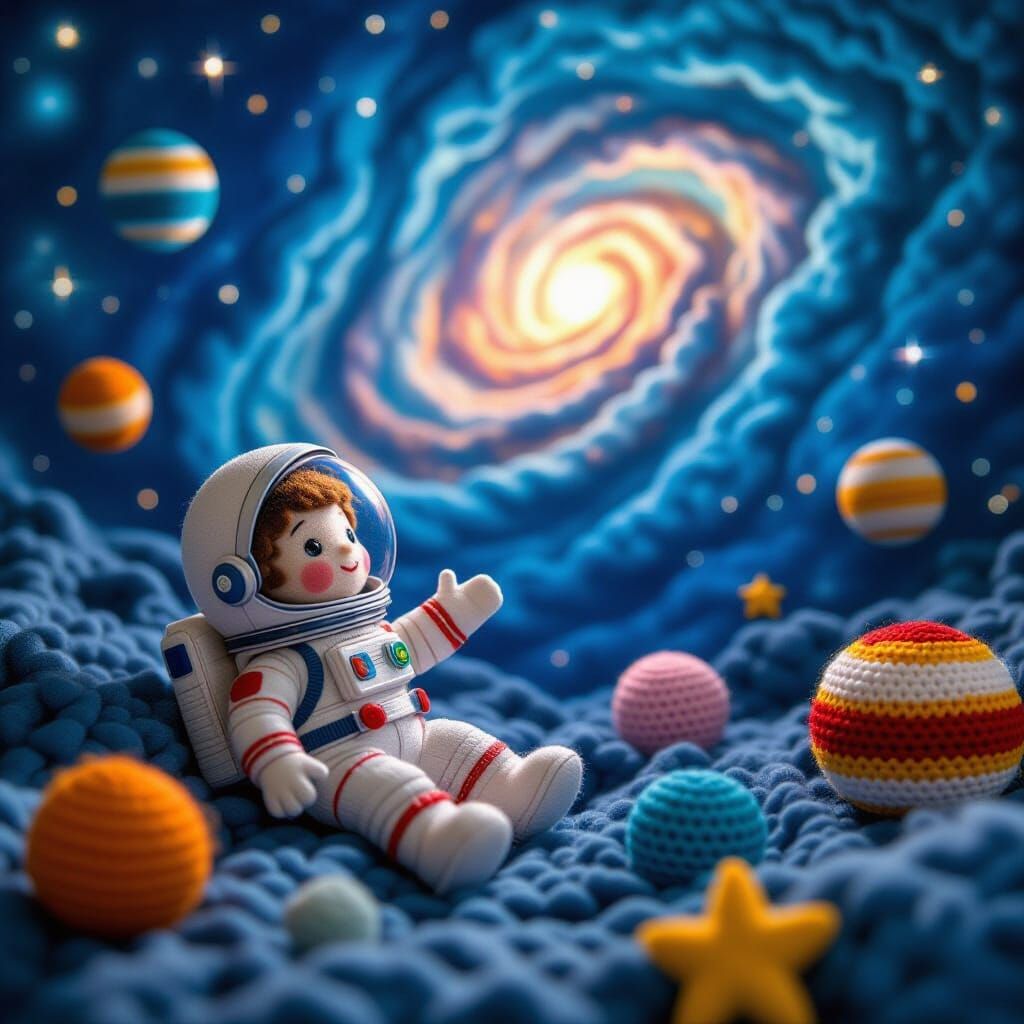 Felt Astronaut Gazing at Crocheted Nebula