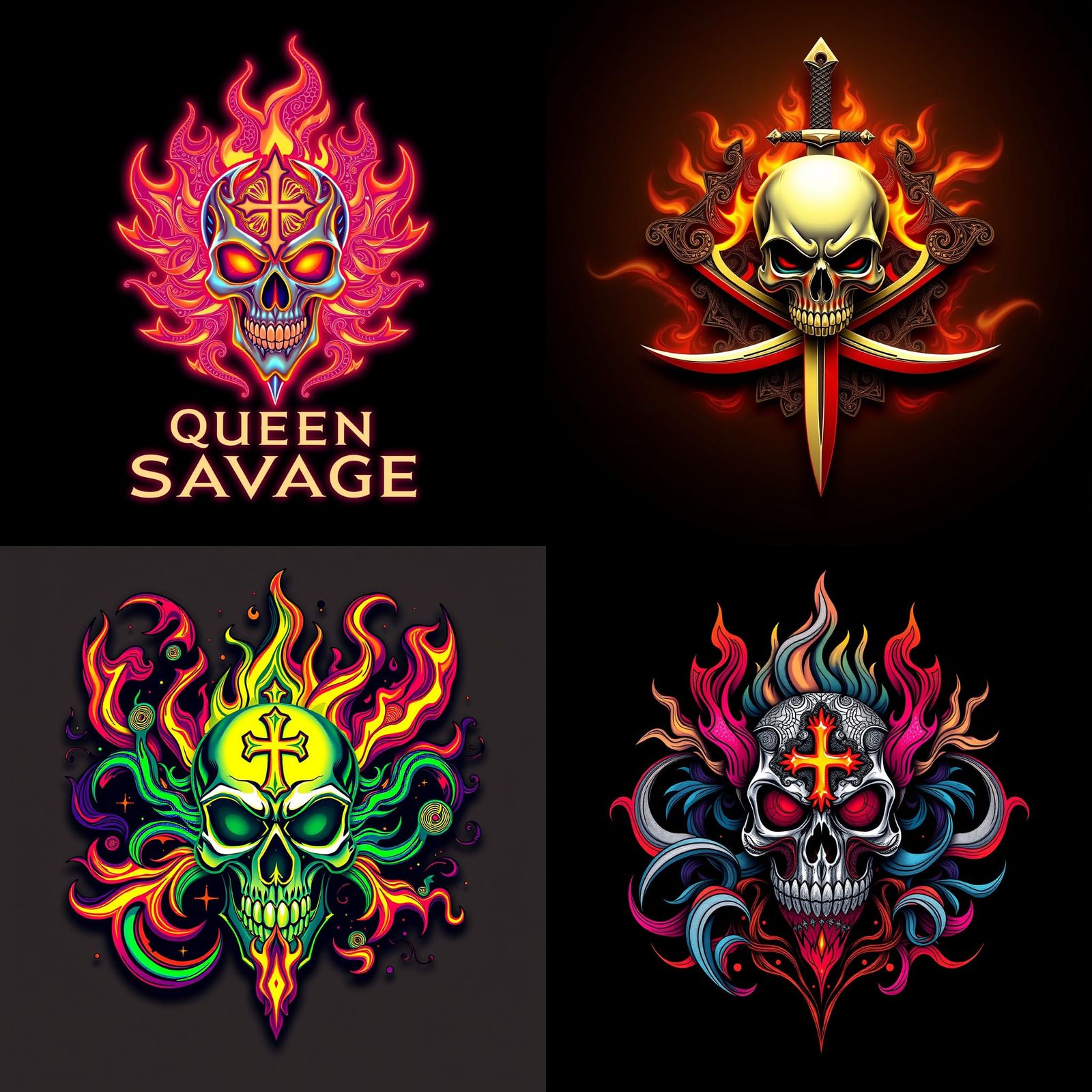 Queen Savage Logo with Skull, Cross, and Flames