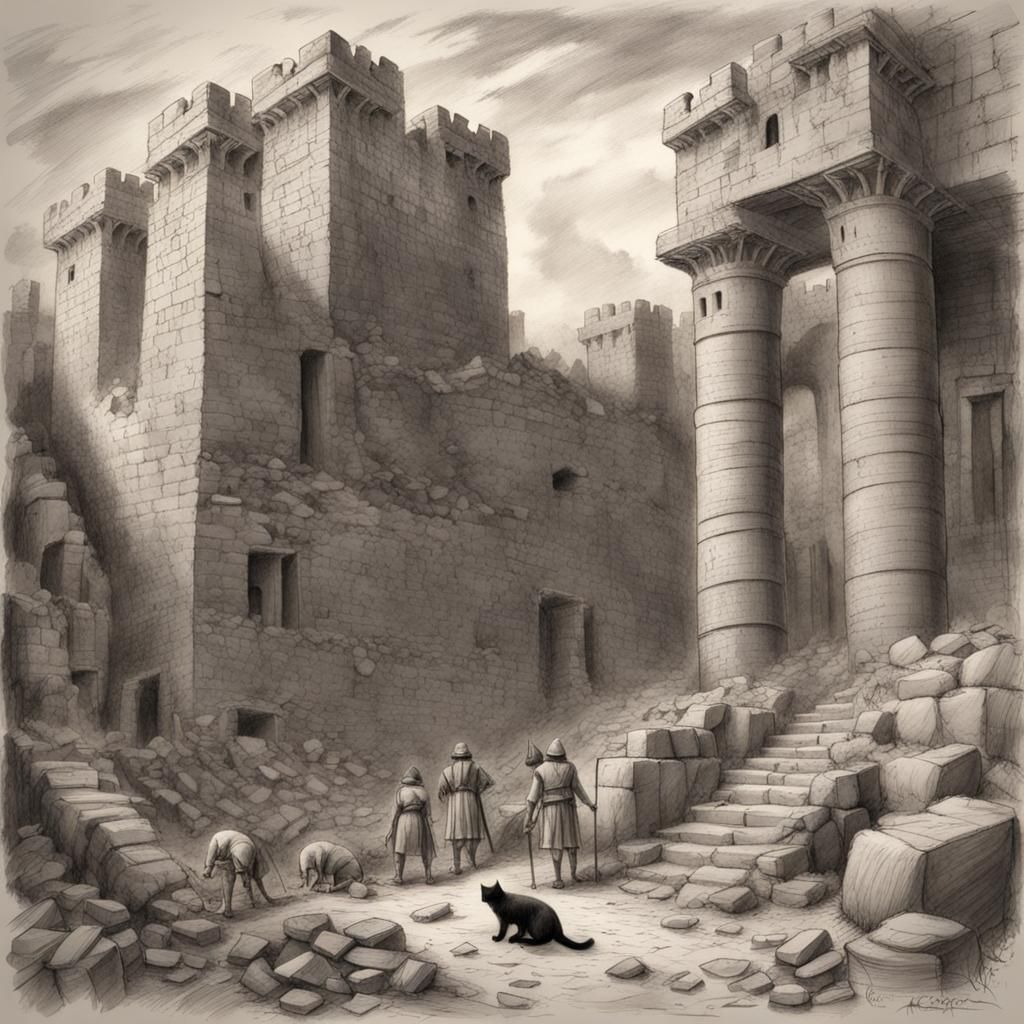 Medieval Castle Ruins with Cat Scouts: Charcoal Drawing