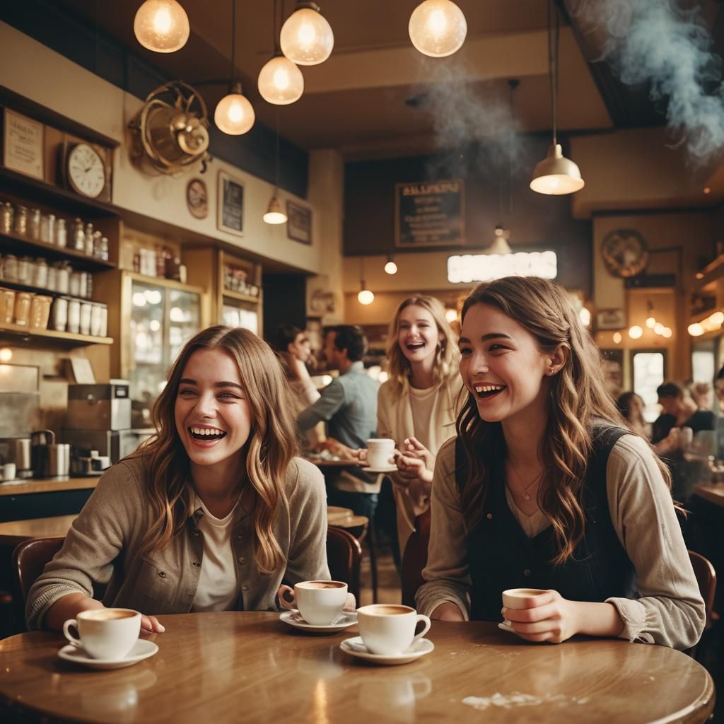 Friends Chatting in Cafe: Cinematic Glamour Photography