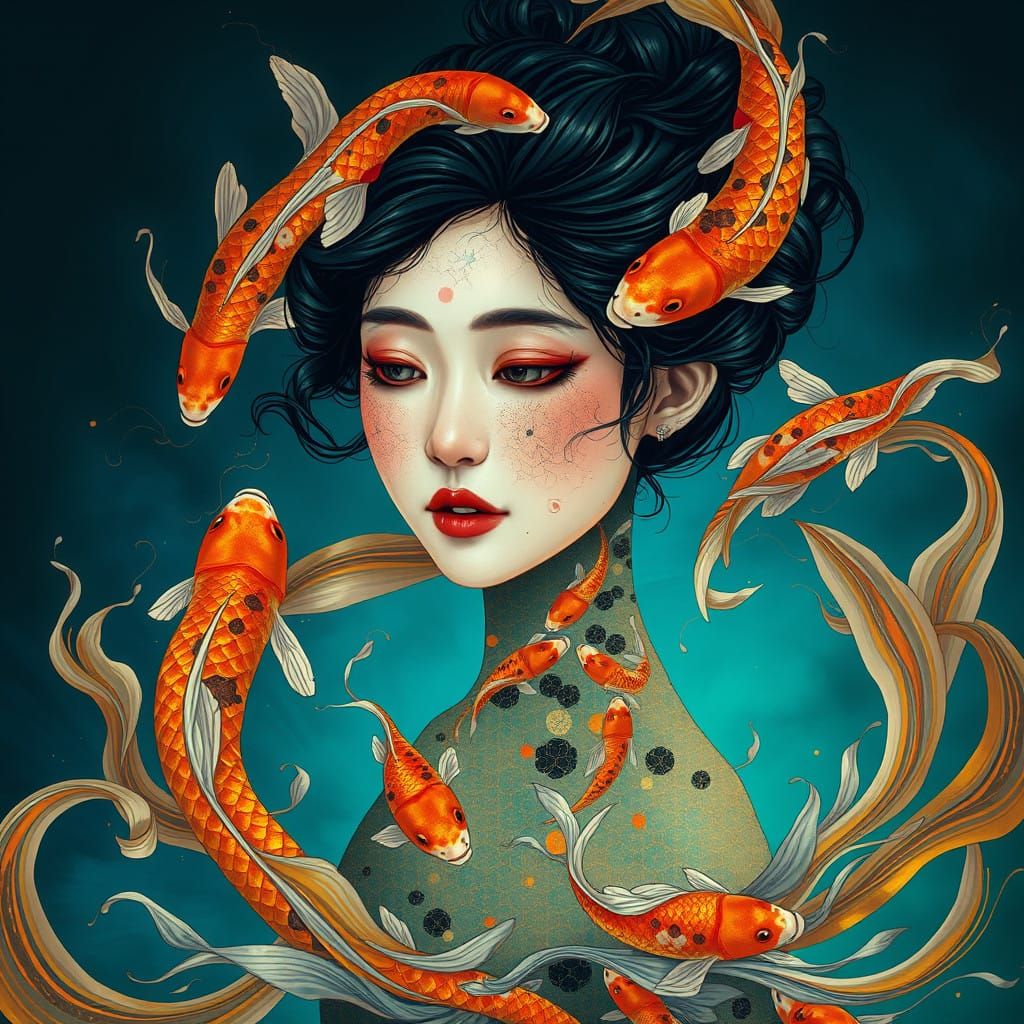 Mystical Asian Goddess Born from Koi Fish