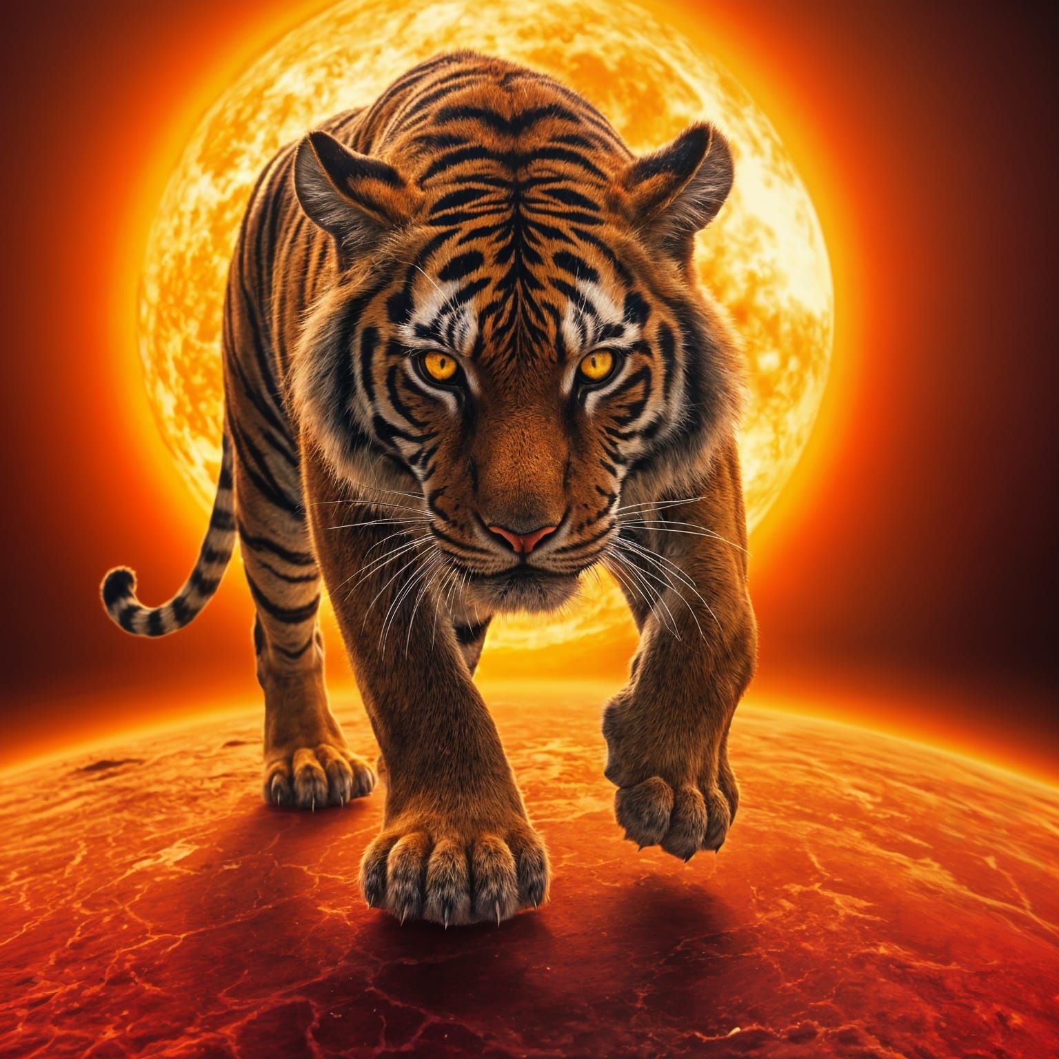 Hyperrealistic Sun Tiger Walking on the Sun