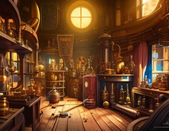 Steampunk Alchemist Shop Interior in Rococo Style