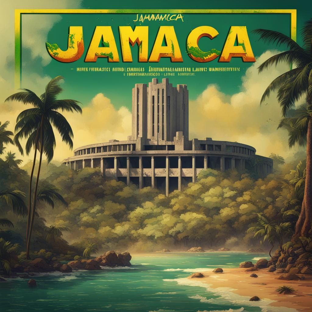 Jamaican Landmarks in Brutalist Propaganda Poster Style