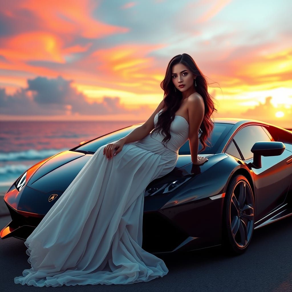 Elegant Woman Sits on Lamborghini at Sunset with Oceanic Bac...
