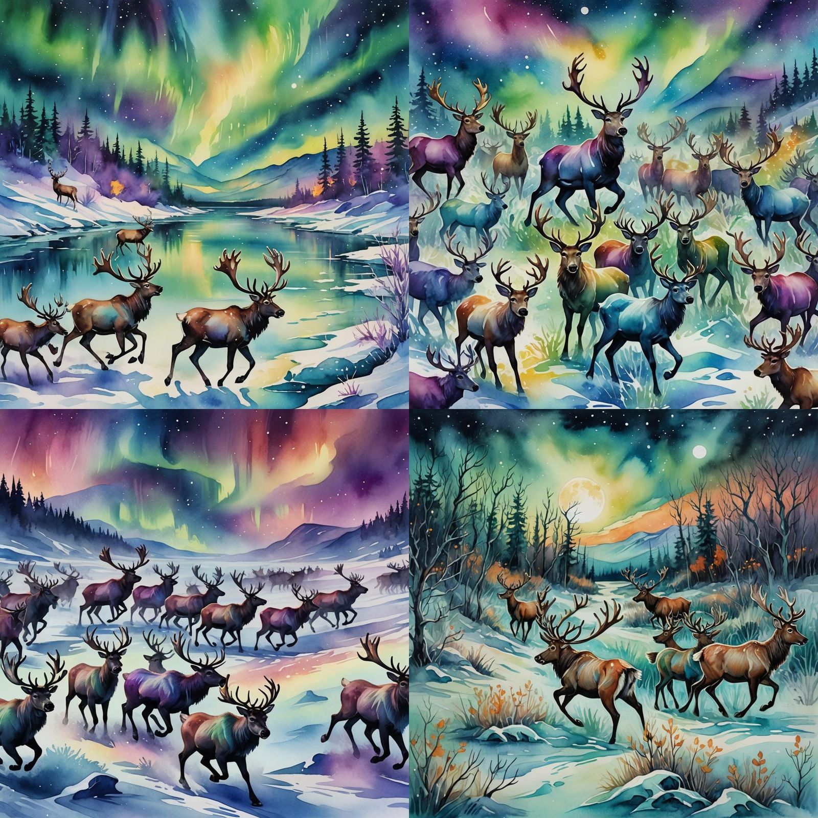 Reindeer Run Wild: Watercolor Northern Lights Landscape
