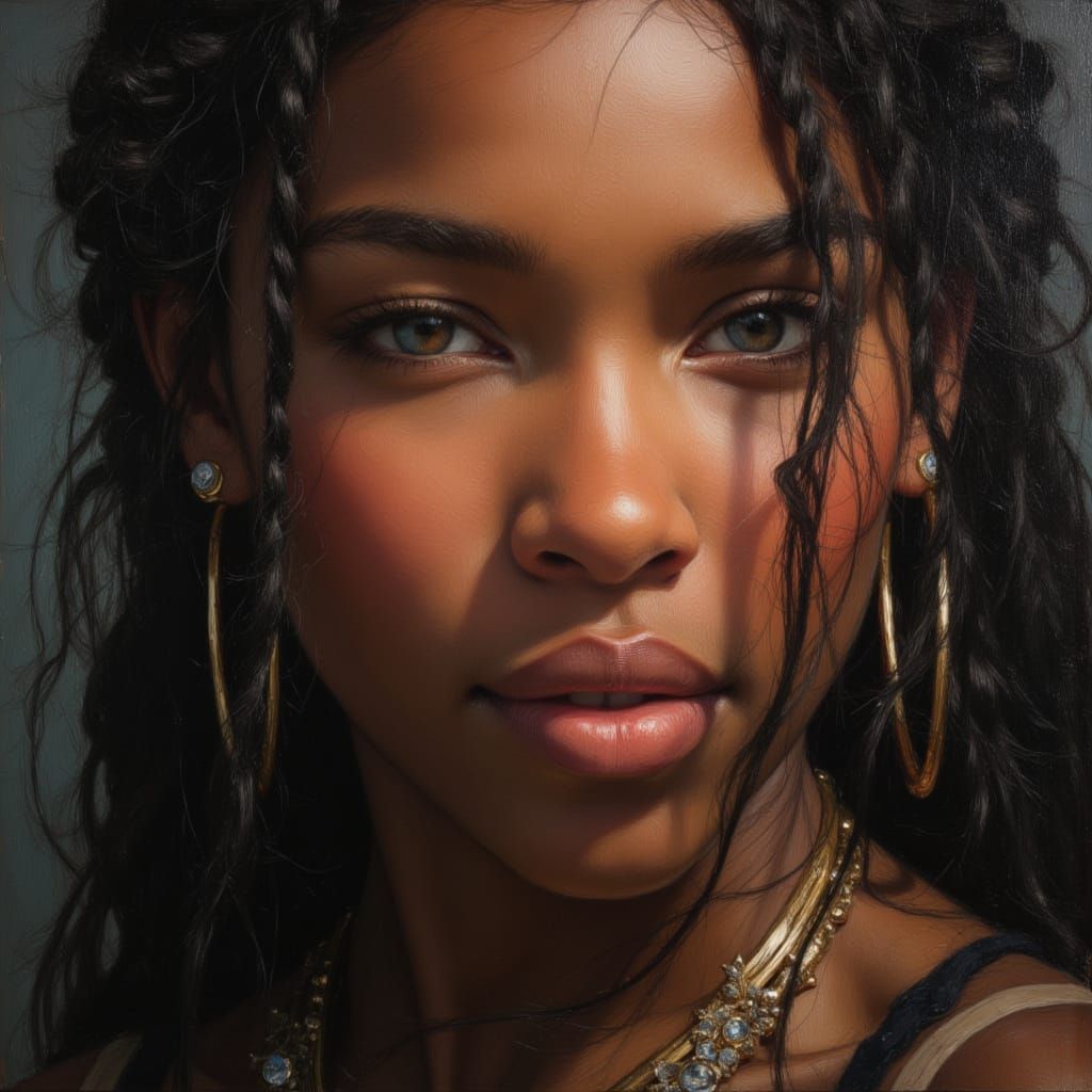 Black Goddess Portrait in Dreamy Oil Painting Style