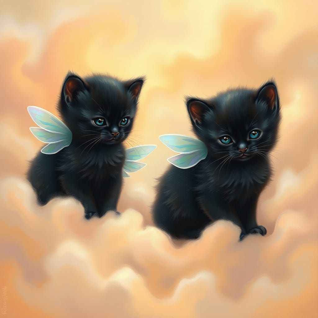 Whimsical Black Kittens Soar in Dreamlike Landscape