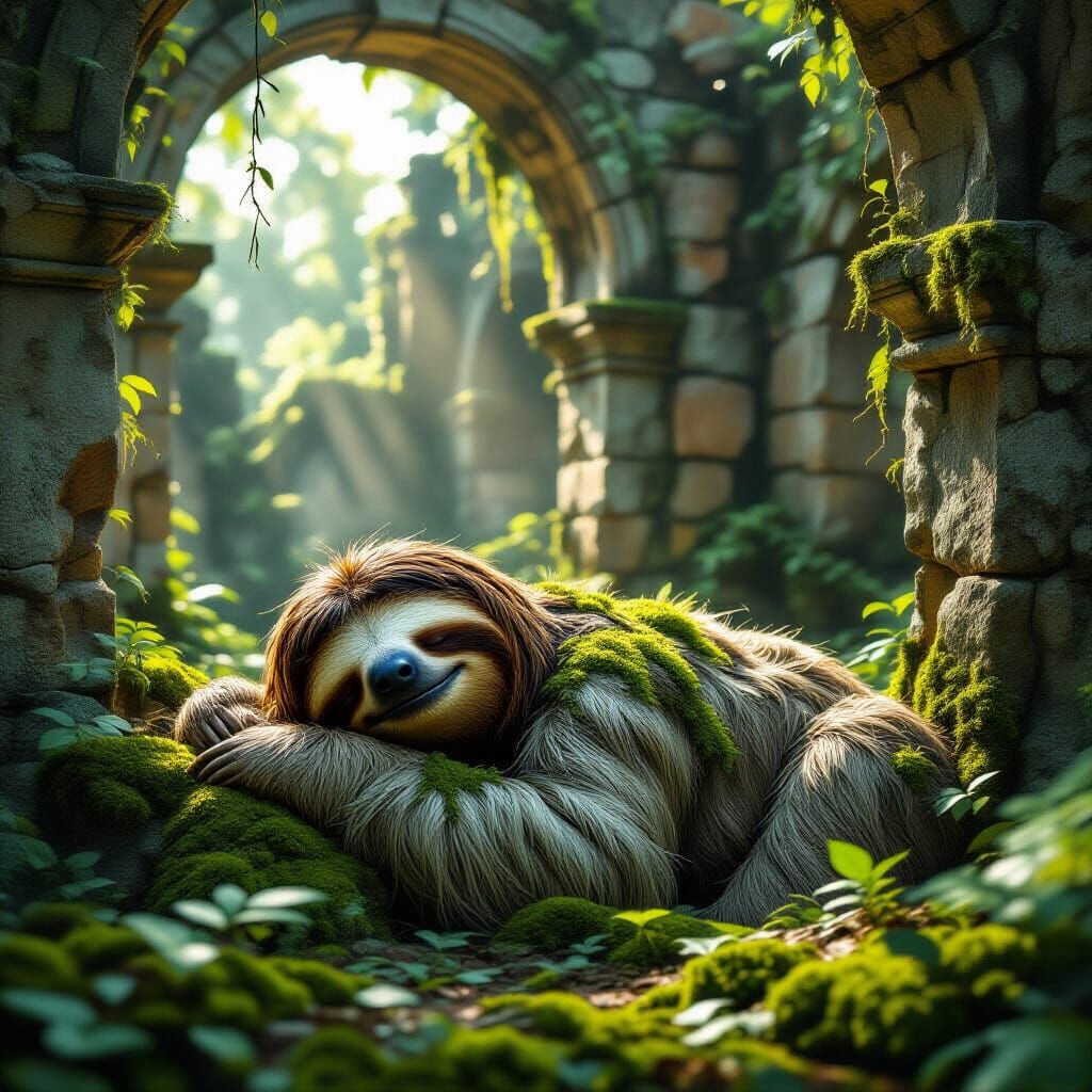 Ancient Sloth Sleeps in Overgrown Ruins - Hyperrealistic Pho...