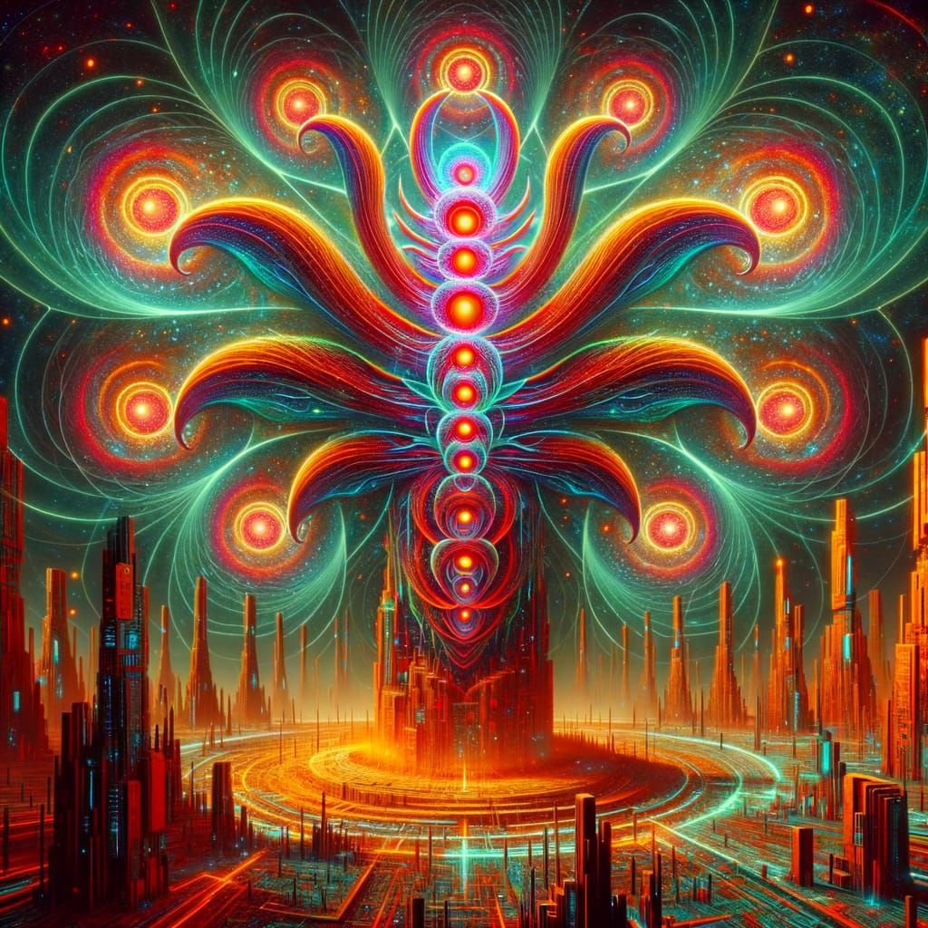 Vibrant Alien Encounter in Cyberpunk Landscape