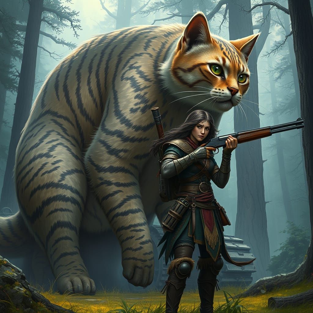 Elven Warrior and Tank-Sized Cat in Mystical Forest