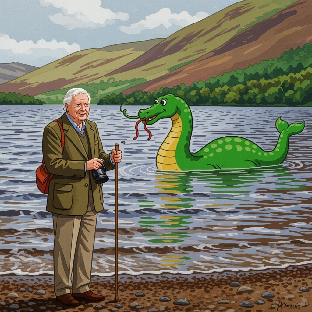 Sir David Attenborough and Nessie Caricature