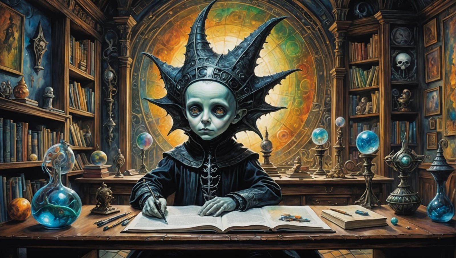 Magical Child Wizard in Surreal Classroom Art