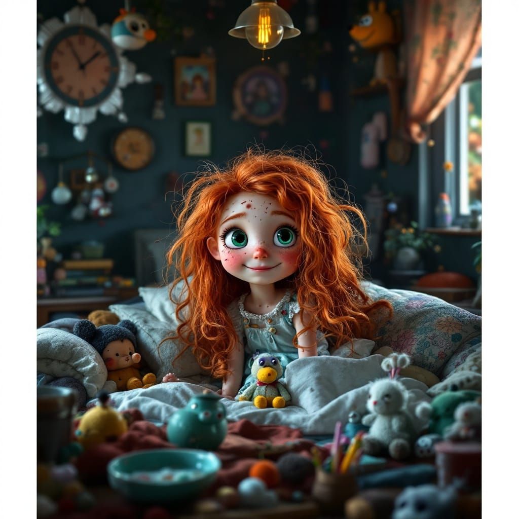 Whimsical Redhead in Cozy Room: Storybook Illustration