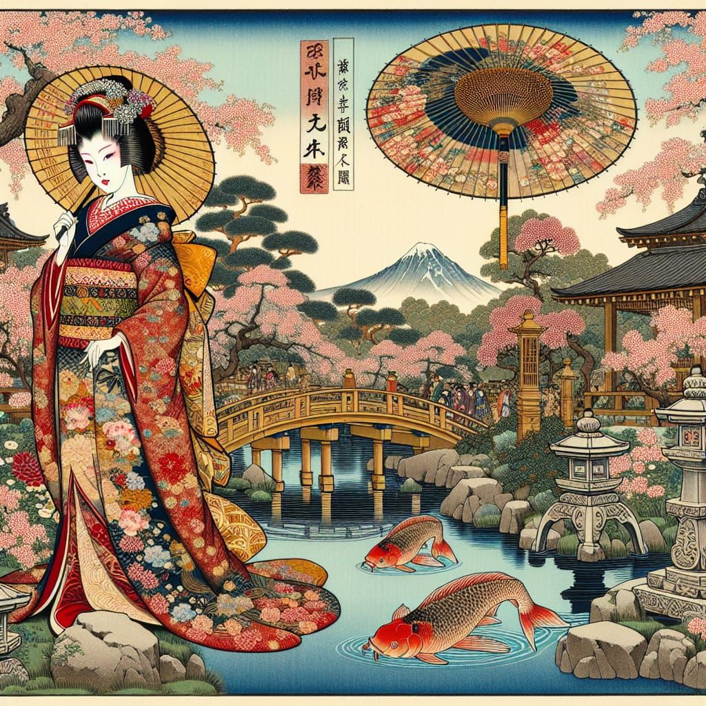 A beautiful geisha in a traditional Japanese garden